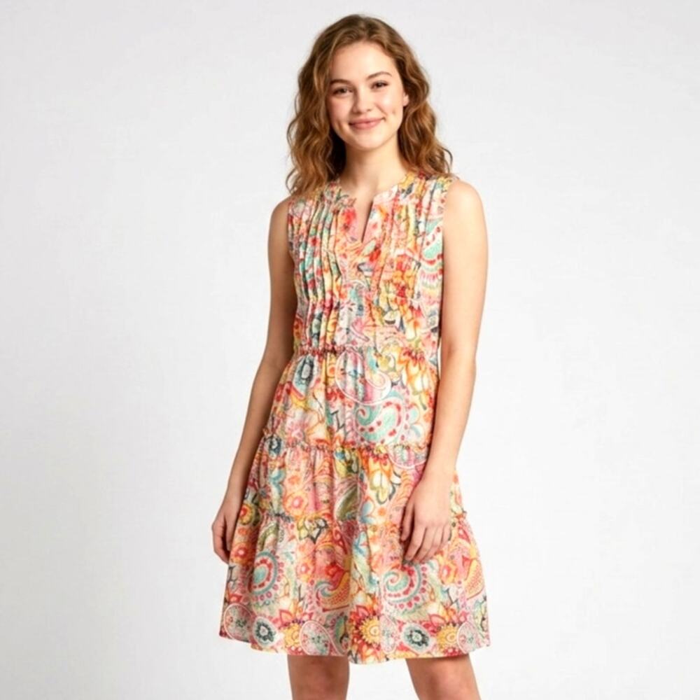 AP.NY Pintuck Babydoll Dress Womens Medium Colorful Paisley Floral Tiered Ruffle